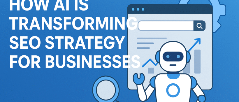A flat design illustration showing a robot beside a computer screen with SEO analytics, a magnifying glass, and a gear icon, symbolizing how AI is transforming SEO strategy for businesses.