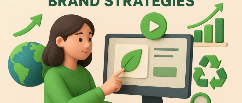 3D illustration of a woman interacting with a computer screen displaying a green leaf icon, surrounded by eco-friendly symbols like a globe, recycling arrows, and growth charts, representing sustainability in digital brand strategies.